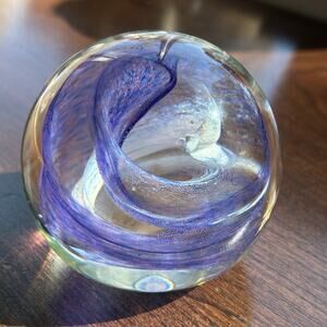 Vintage Isle of Wight Moon Crystal Blue Swirl Paperweight